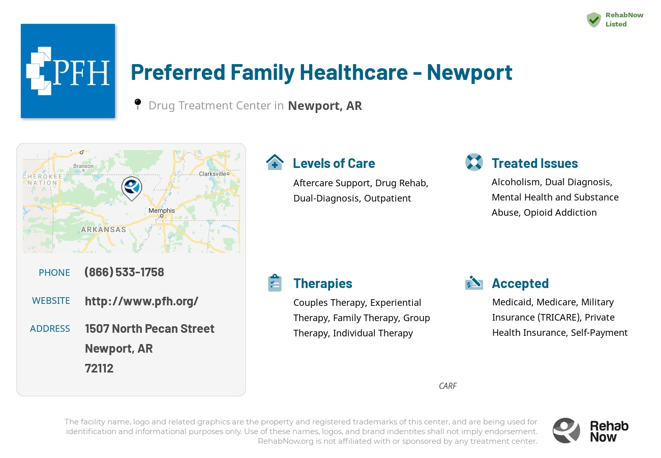 Helpful reference information for Preferred Family Healthcare - Newport, a drug treatment center in Arkansas located at: 1507 North Pecan Street, Newport, AR, 72112, including phone numbers, official website, and more. Listed briefly is an overview of Levels of Care, Therapies Offered, Issues Treated, and accepted forms of Payment Methods.