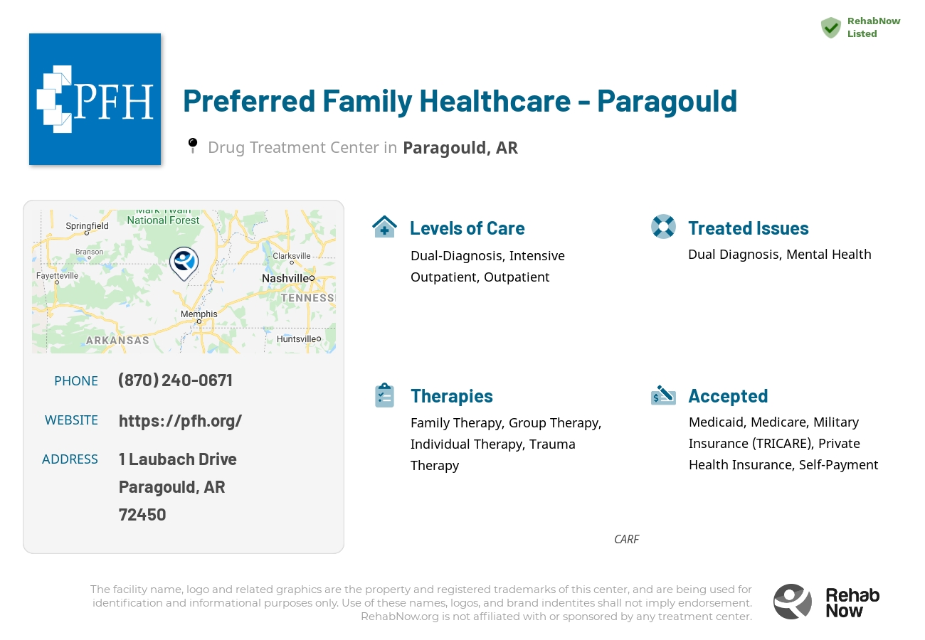 Helpful reference information for Preferred Family Healthcare - Paragould, a drug treatment center in Arkansas located at: 1 Laubach Drive, Paragould, AR, 72450, including phone numbers, official website, and more. Listed briefly is an overview of Levels of Care, Therapies Offered, Issues Treated, and accepted forms of Payment Methods.