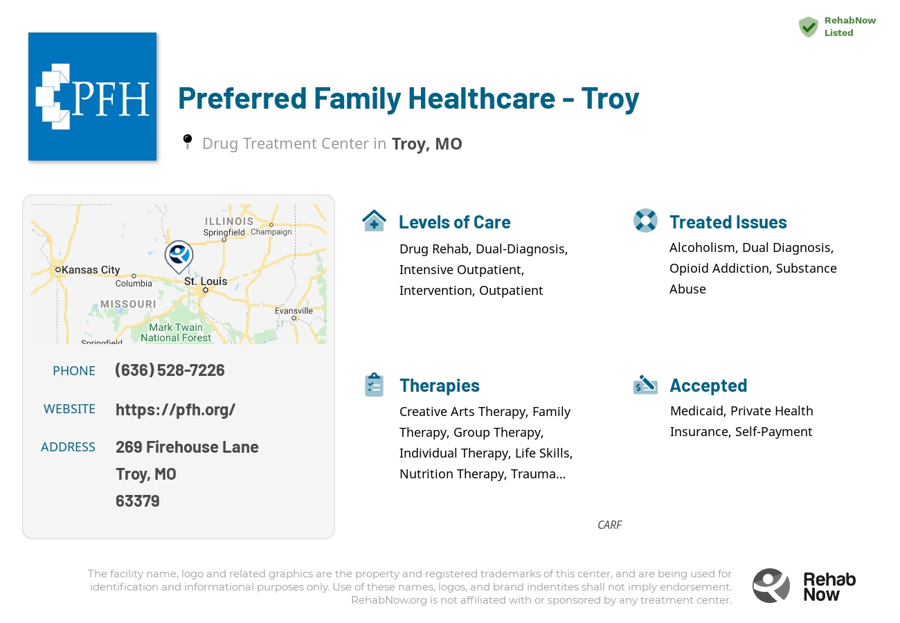 Helpful reference information for Preferred Family Healthcare - Troy, a drug treatment center in Missouri located at: 269 269 Firehouse Lane, Troy, MO 63379, including phone numbers, official website, and more. Listed briefly is an overview of Levels of Care, Therapies Offered, Issues Treated, and accepted forms of Payment Methods.