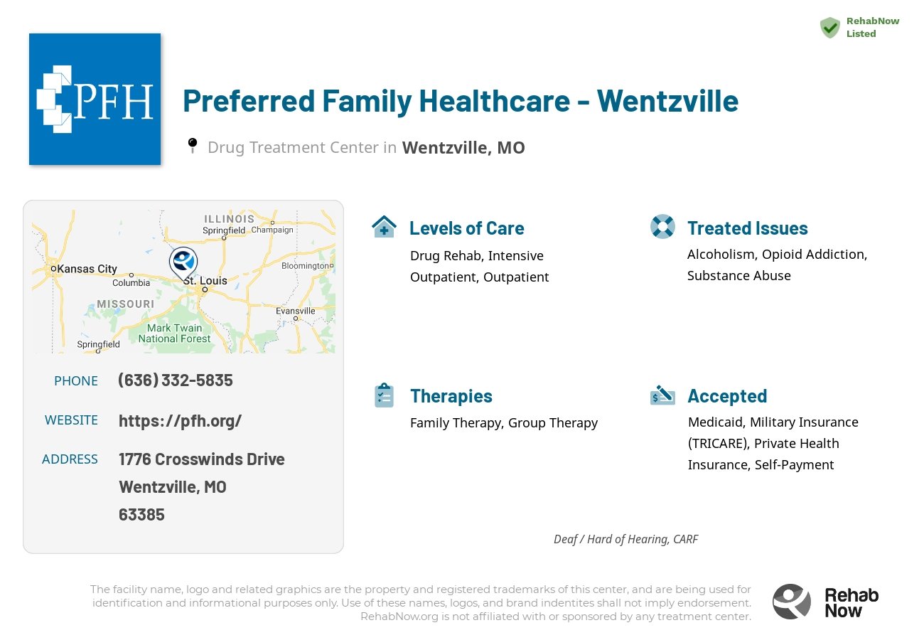 Helpful reference information for Preferred Family Healthcare - Wentzville, a drug treatment center in Missouri located at: 1776 1776 Crosswinds Drive, Wentzville, MO 63385, including phone numbers, official website, and more. Listed briefly is an overview of Levels of Care, Therapies Offered, Issues Treated, and accepted forms of Payment Methods.