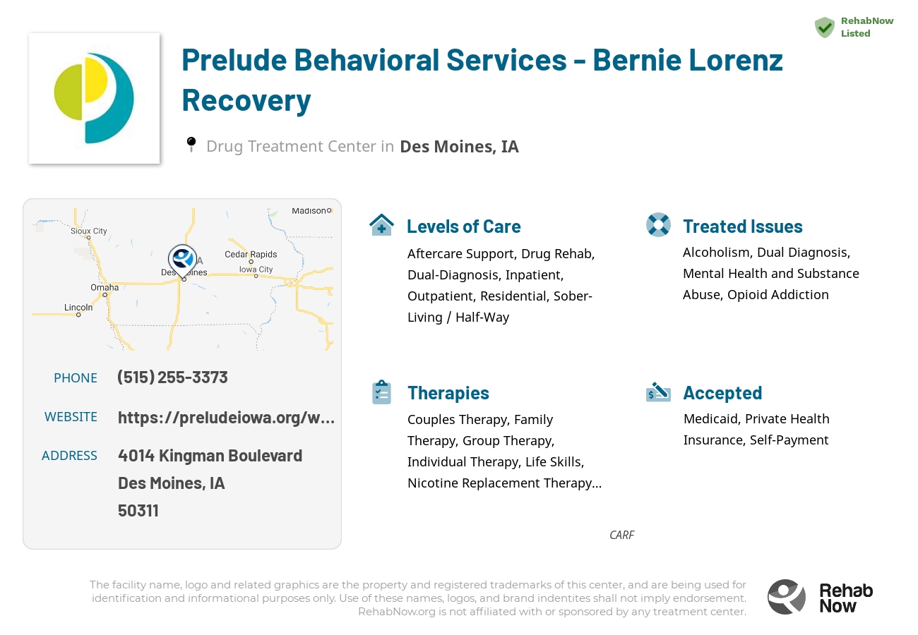 Helpful reference information for Prelude Behavioral Services - Bernie Lorenz Recovery, a drug treatment center in Iowa located at: 4014 Kingman Boulevard, Des Moines, IA 50311, including phone numbers, official website, and more. Listed briefly is an overview of Levels of Care, Therapies Offered, Issues Treated, and accepted forms of Payment Methods.
