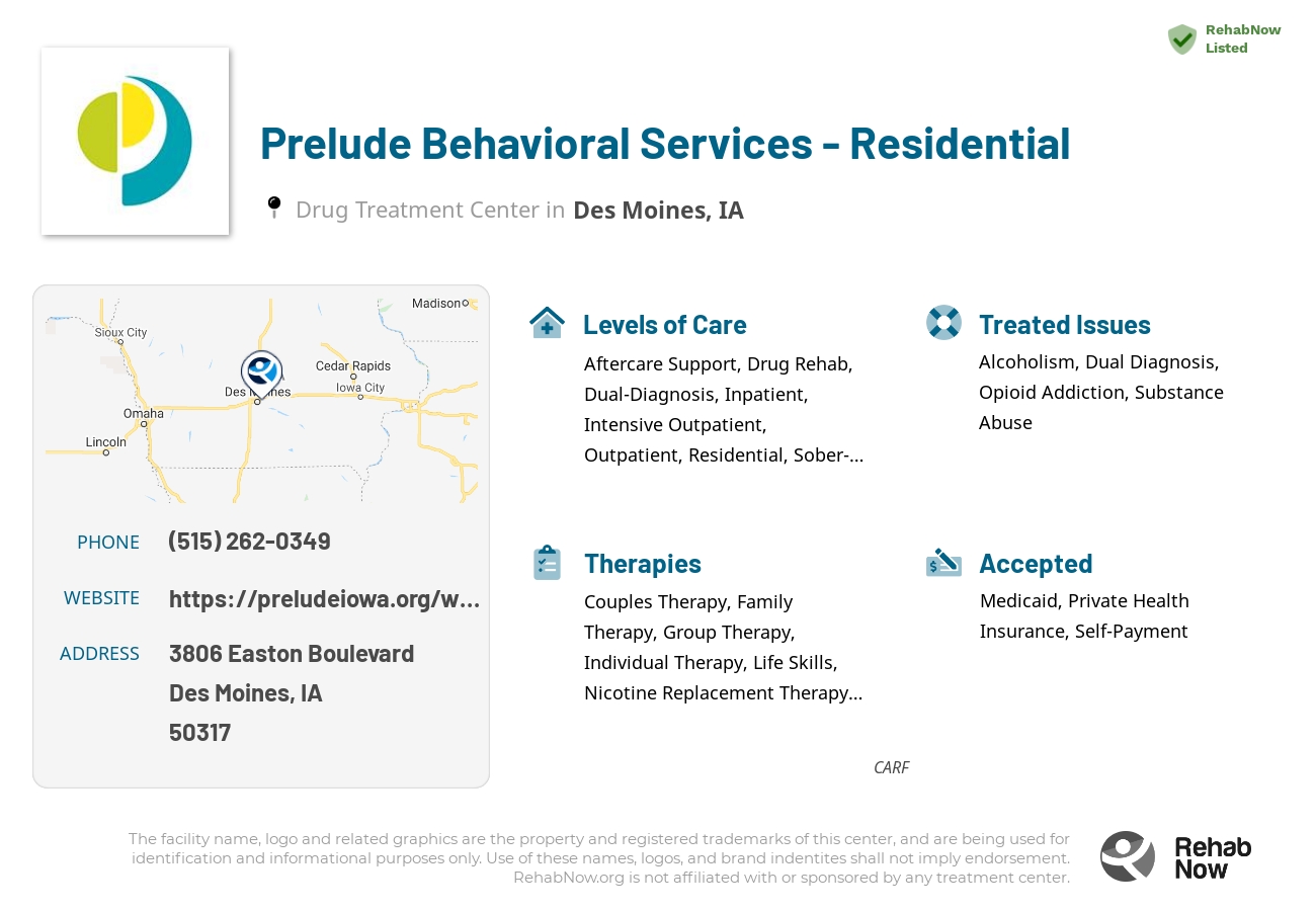 Helpful reference information for Prelude Behavioral Services - Residential, a drug treatment center in Iowa located at: 3806 Easton Boulevard, Des Moines, IA, 50317, including phone numbers, official website, and more. Listed briefly is an overview of Levels of Care, Therapies Offered, Issues Treated, and accepted forms of Payment Methods.