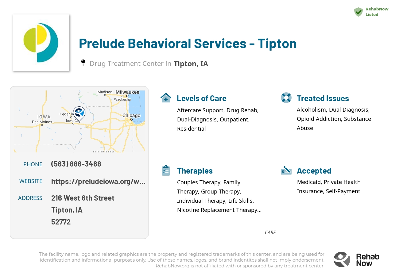 Helpful reference information for Prelude Behavioral Services - Tipton, a drug treatment center in Iowa located at: 216 West 6th Street, Tipton, IA, 52772, including phone numbers, official website, and more. Listed briefly is an overview of Levels of Care, Therapies Offered, Issues Treated, and accepted forms of Payment Methods.