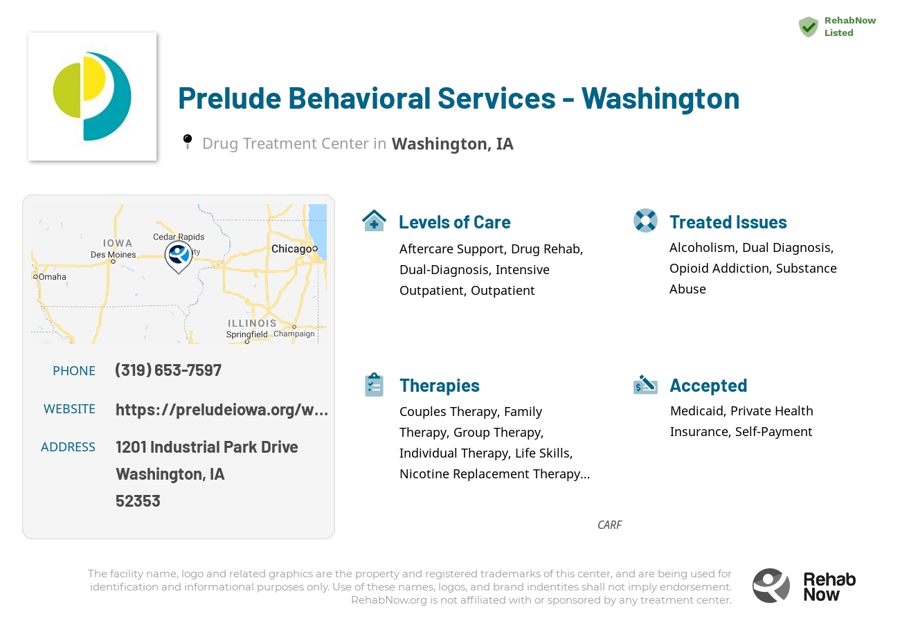 Helpful reference information for Prelude Behavioral Services - Washington, a drug treatment center in Iowa located at: 1201 Industrial Park Drive, Washington, IA, 52353, including phone numbers, official website, and more. Listed briefly is an overview of Levels of Care, Therapies Offered, Issues Treated, and accepted forms of Payment Methods.