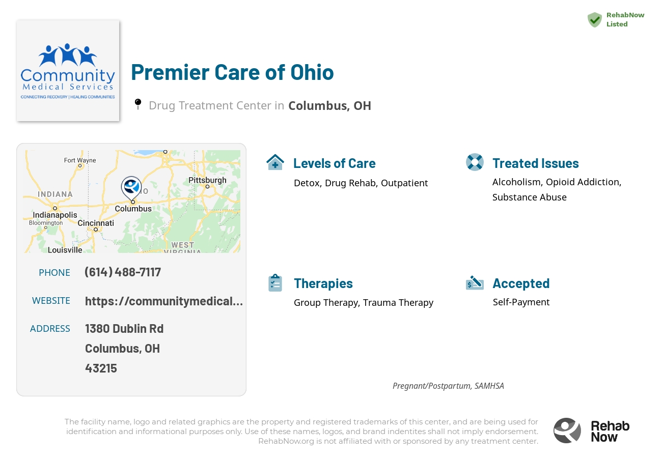 Helpful reference information for Premier Care of Ohio, a drug treatment center in Ohio located at: 1380 Dublin Rd, Columbus, OH 43215, including phone numbers, official website, and more. Listed briefly is an overview of Levels of Care, Therapies Offered, Issues Treated, and accepted forms of Payment Methods.