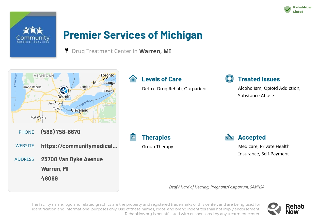 Helpful reference information for Premier Services of Michigan, a drug treatment center in Michigan located at: 23700 23700 Van Dyke Avenue, Warren, MI 48089, including phone numbers, official website, and more. Listed briefly is an overview of Levels of Care, Therapies Offered, Issues Treated, and accepted forms of Payment Methods.