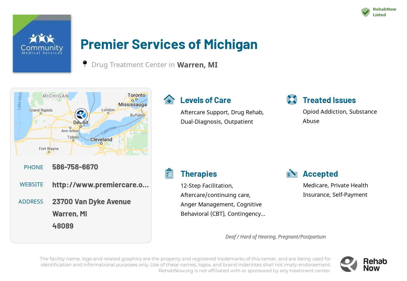 Helpful reference information for Premier Services of Michigan, a drug treatment center in Michigan located at: 23700 Van Dyke Avenue, Warren, MI 48089, including phone numbers, official website, and more. Listed briefly is an overview of Levels of Care, Therapies Offered, Issues Treated, and accepted forms of Payment Methods.