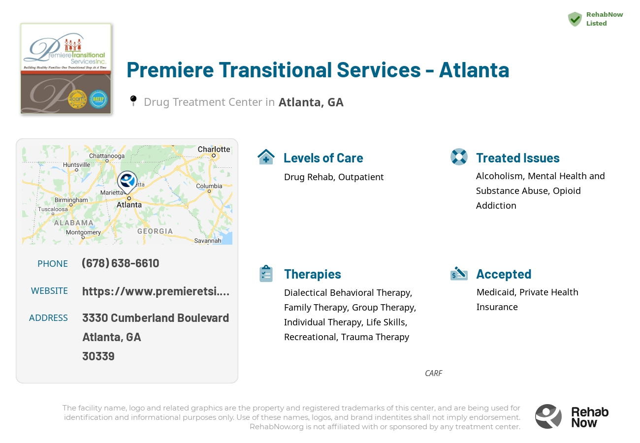 Helpful reference information for Premiere Transitional Services - Atlanta, a drug treatment center in Georgia located at: 3330 3330 Cumberland Boulevard, Atlanta, GA 30339, including phone numbers, official website, and more. Listed briefly is an overview of Levels of Care, Therapies Offered, Issues Treated, and accepted forms of Payment Methods.