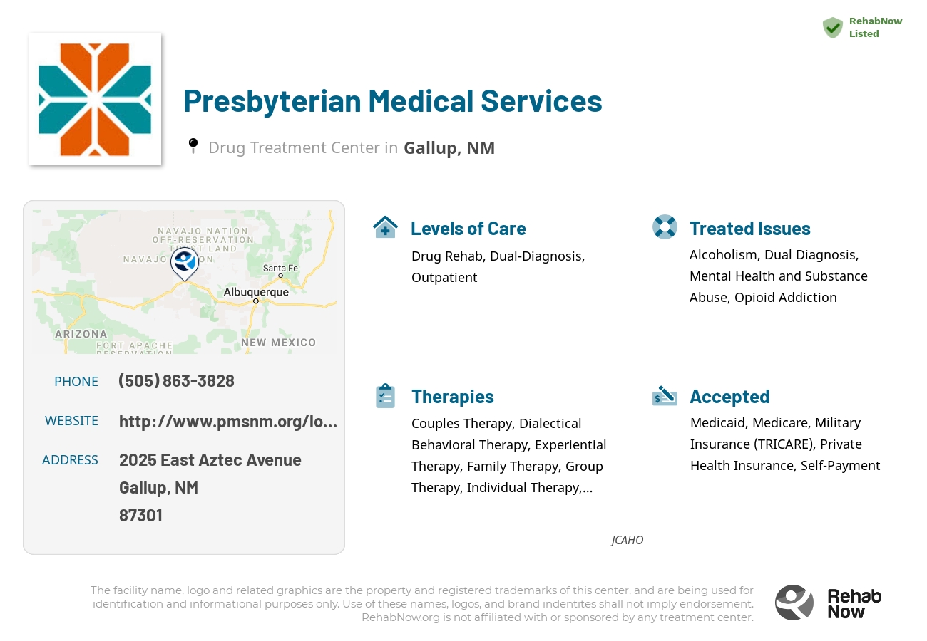 Helpful reference information for Presbyterian Medical Services, a drug treatment center in New Mexico located at: 2025 2025 East Aztec Avenue, Gallup, NM 87301, including phone numbers, official website, and more. Listed briefly is an overview of Levels of Care, Therapies Offered, Issues Treated, and accepted forms of Payment Methods.