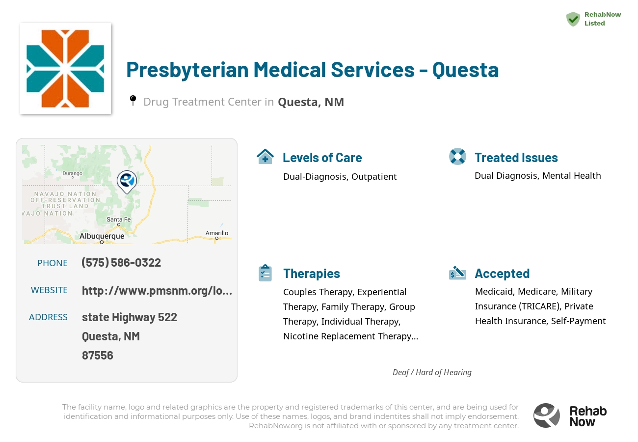 Helpful reference information for Presbyterian Medical Services - Questa, a drug treatment center in New Mexico located at: state Highway 522, Questa, NM 87556, including phone numbers, official website, and more. Listed briefly is an overview of Levels of Care, Therapies Offered, Issues Treated, and accepted forms of Payment Methods.
