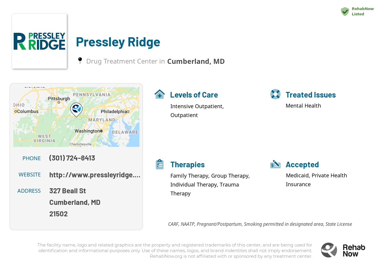 Helpful reference information for Pressley Ridge, a drug treatment center in Maryland located at: 327 Beall St, Cumberland, MD 21502, including phone numbers, official website, and more. Listed briefly is an overview of Levels of Care, Therapies Offered, Issues Treated, and accepted forms of Payment Methods.