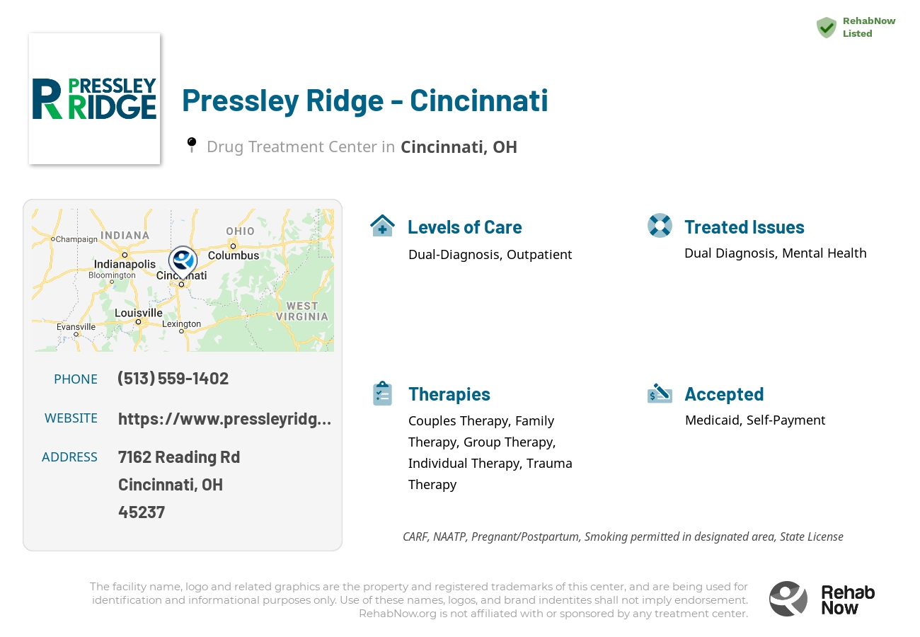 Helpful reference information for Pressley Ridge - Cincinnati, a drug treatment center in Ohio located at: 7162 Reading Rd, Cincinnati, OH 45237, including phone numbers, official website, and more. Listed briefly is an overview of Levels of Care, Therapies Offered, Issues Treated, and accepted forms of Payment Methods.