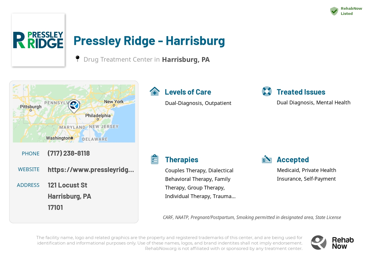 Helpful reference information for Pressley Ridge - Harrisburg, a drug treatment center in Pennsylvania located at: 121 Locust St, Harrisburg, PA 17101, including phone numbers, official website, and more. Listed briefly is an overview of Levels of Care, Therapies Offered, Issues Treated, and accepted forms of Payment Methods.