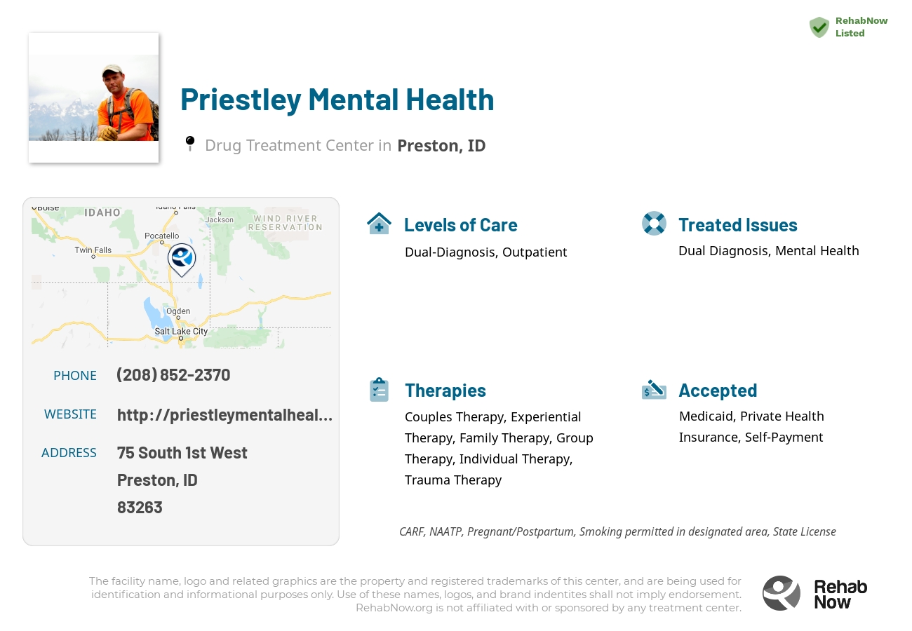 Helpful reference information for Priestley Mental Health, a drug treatment center in Idaho located at: 75 75 South 1st West, Preston, ID 83263, including phone numbers, official website, and more. Listed briefly is an overview of Levels of Care, Therapies Offered, Issues Treated, and accepted forms of Payment Methods.