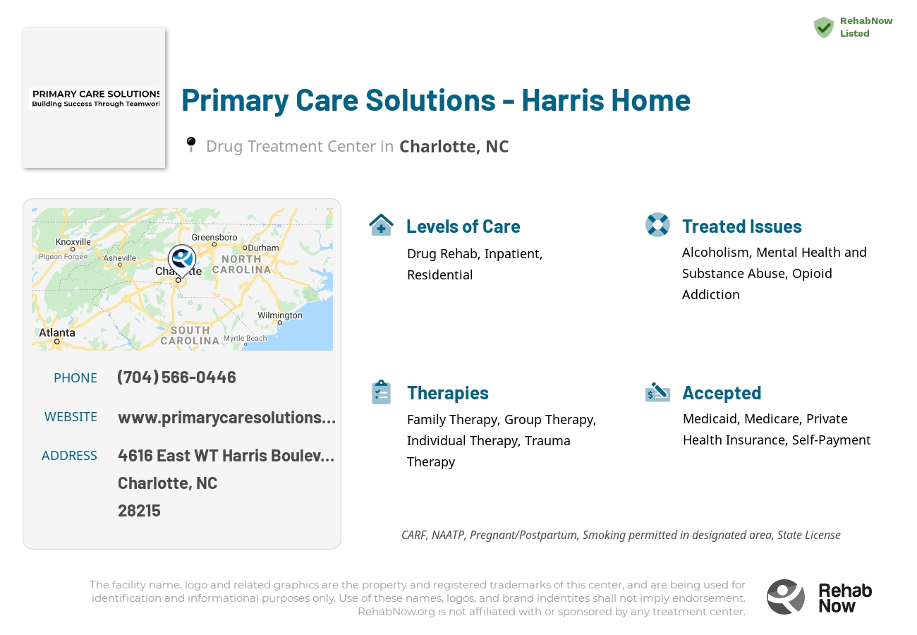 Helpful reference information for Primary Care Solutions - Harris Home, a drug treatment center in North Carolina located at: 4616 East WT Harris Boulevard, Charlotte, NC, 28215, including phone numbers, official website, and more. Listed briefly is an overview of Levels of Care, Therapies Offered, Issues Treated, and accepted forms of Payment Methods.