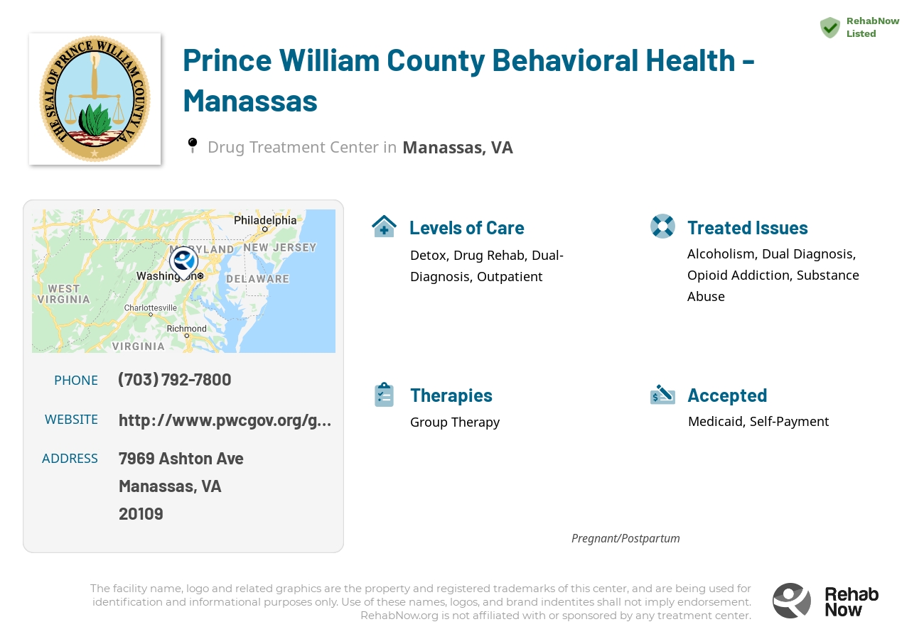 Helpful reference information for Prince William County Behavioral Health - Manassas, a drug treatment center in Virginia located at: 7969 Ashton Ave, Manassas, VA 20109, including phone numbers, official website, and more. Listed briefly is an overview of Levels of Care, Therapies Offered, Issues Treated, and accepted forms of Payment Methods.