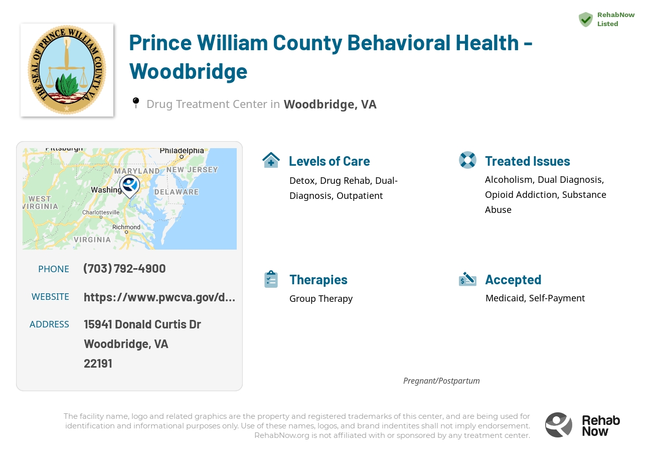 Helpful reference information for Prince William County Behavioral Health - Woodbridge, a drug treatment center in Virginia located at: 15941 Donald Curtis Dr, Woodbridge, VA 22191, including phone numbers, official website, and more. Listed briefly is an overview of Levels of Care, Therapies Offered, Issues Treated, and accepted forms of Payment Methods.