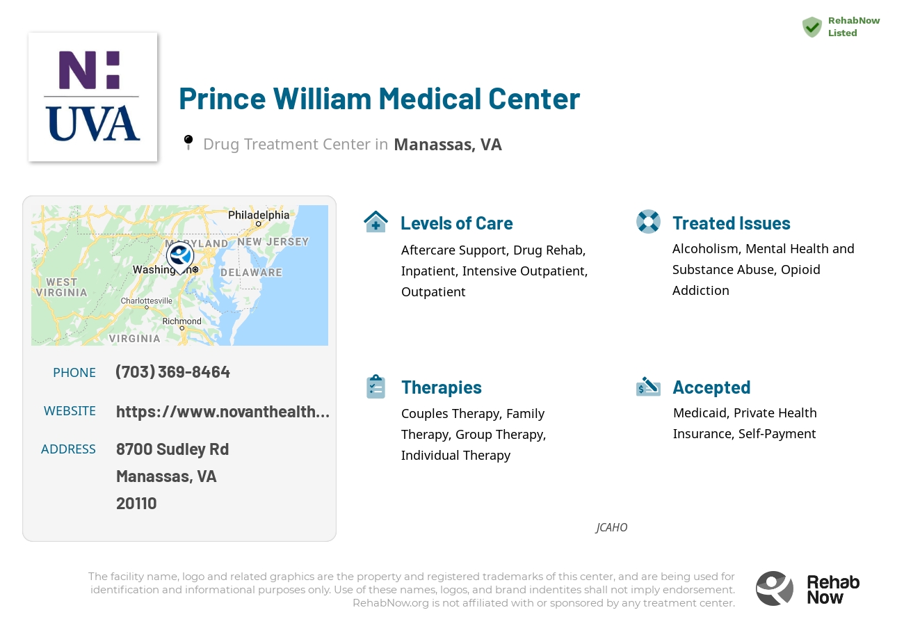 Helpful reference information for Prince William Medical Center, a drug treatment center in Virginia located at: 8700 Sudley Rd, Manassas, VA 20110, including phone numbers, official website, and more. Listed briefly is an overview of Levels of Care, Therapies Offered, Issues Treated, and accepted forms of Payment Methods.