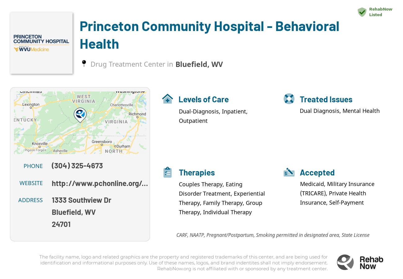 Helpful reference information for Princeton Community Hospital - Behavioral Health, a drug treatment center in West Virginia located at: 1333 Southview Dr, Bluefield, WV 24701, including phone numbers, official website, and more. Listed briefly is an overview of Levels of Care, Therapies Offered, Issues Treated, and accepted forms of Payment Methods.