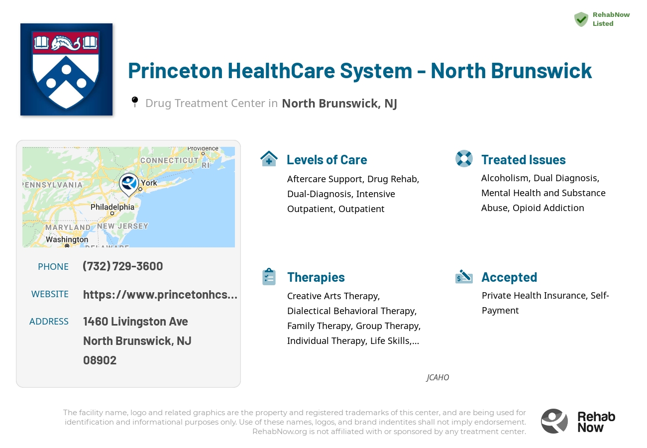 Helpful reference information for Princeton HealthCare System - North Brunswick, a drug treatment center in New Jersey located at: 1460 Livingston Ave, North Brunswick, NJ 08902, including phone numbers, official website, and more. Listed briefly is an overview of Levels of Care, Therapies Offered, Issues Treated, and accepted forms of Payment Methods.
