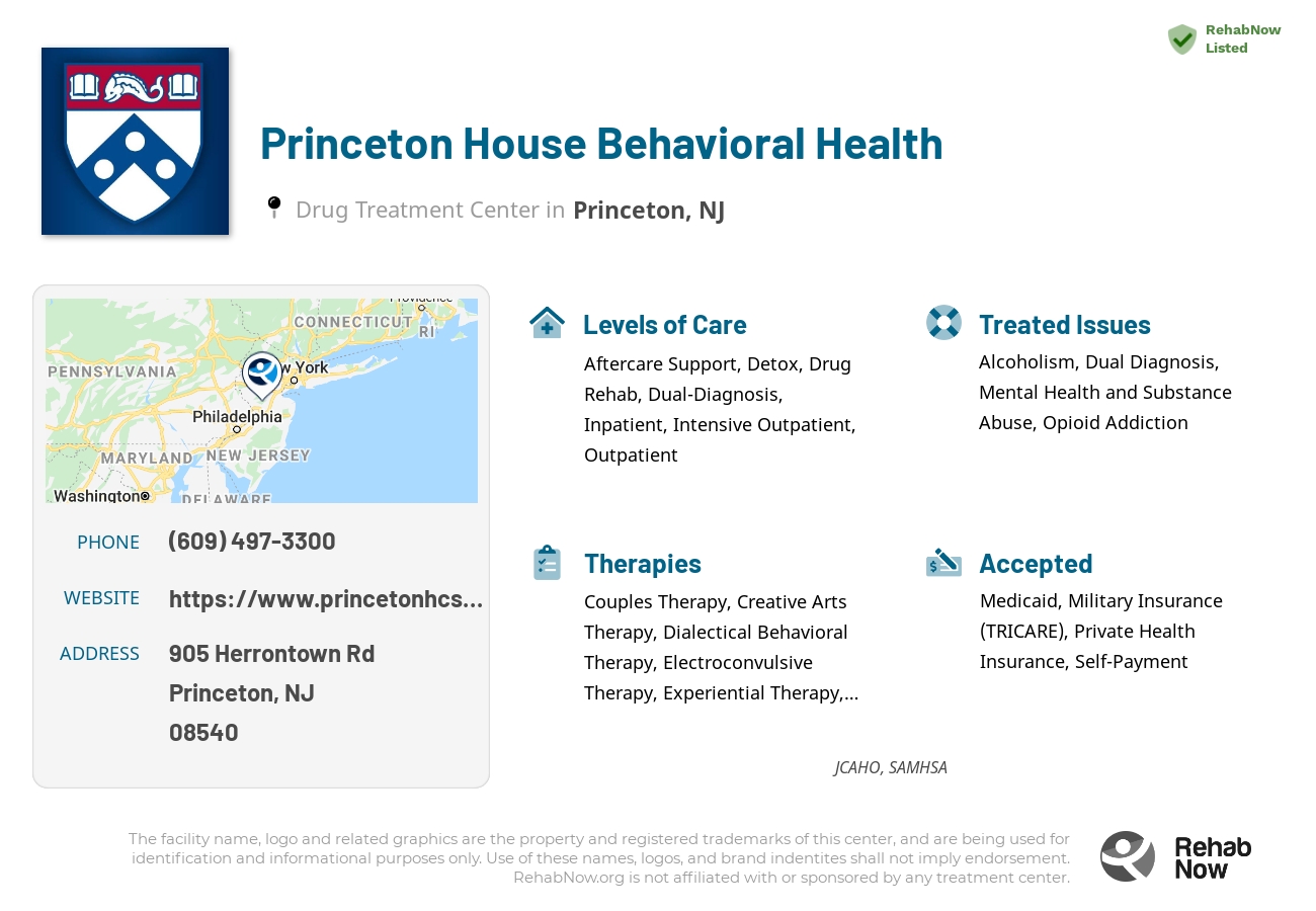 Helpful reference information for Princeton House Behavioral Health, a drug treatment center in New Jersey located at: 905 Herrontown Rd, Princeton, NJ 08540, including phone numbers, official website, and more. Listed briefly is an overview of Levels of Care, Therapies Offered, Issues Treated, and accepted forms of Payment Methods.