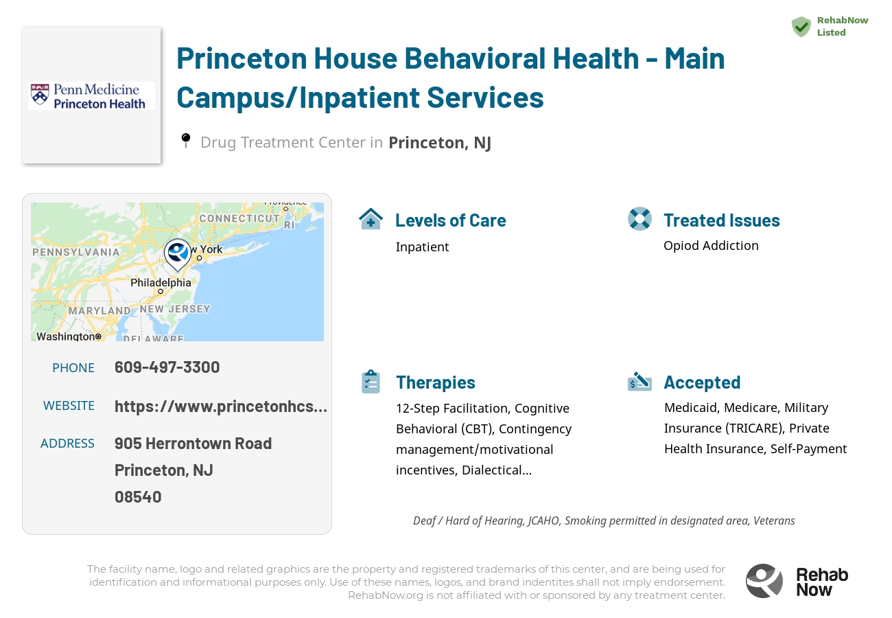 Helpful reference information for Princeton House Behavioral Health - Main Campus/Inpatient Services, a drug treatment center in New Jersey located at: 905 Herrontown Road, Princeton, NJ 08540, including phone numbers, official website, and more. Listed briefly is an overview of Levels of Care, Therapies Offered, Issues Treated, and accepted forms of Payment Methods.