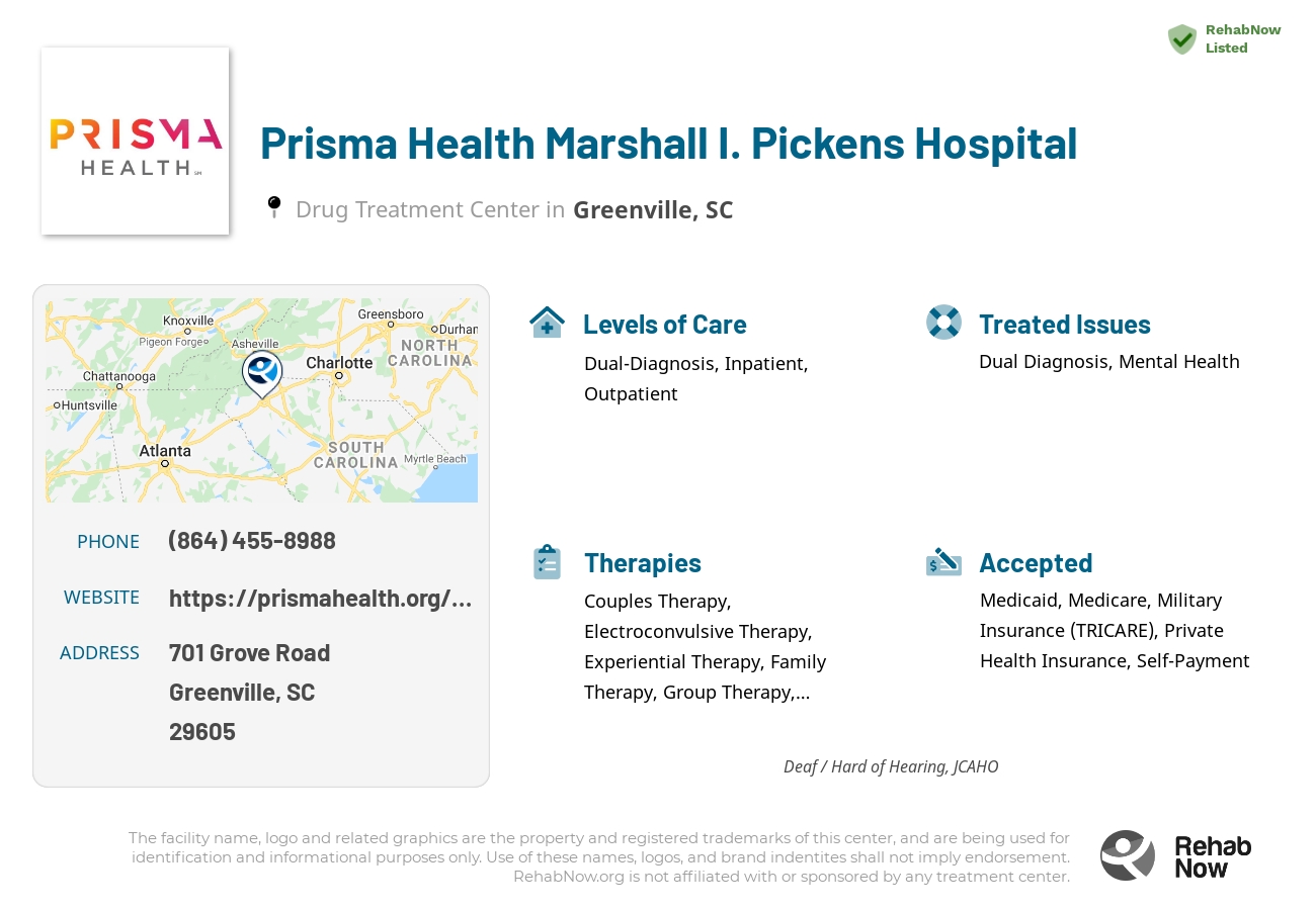 Helpful reference information for Prisma Health Marshall I. Pickens Hospital, a drug treatment center in South Carolina located at: 701 701 Grove Road, Greenville, SC 29605, including phone numbers, official website, and more. Listed briefly is an overview of Levels of Care, Therapies Offered, Issues Treated, and accepted forms of Payment Methods.