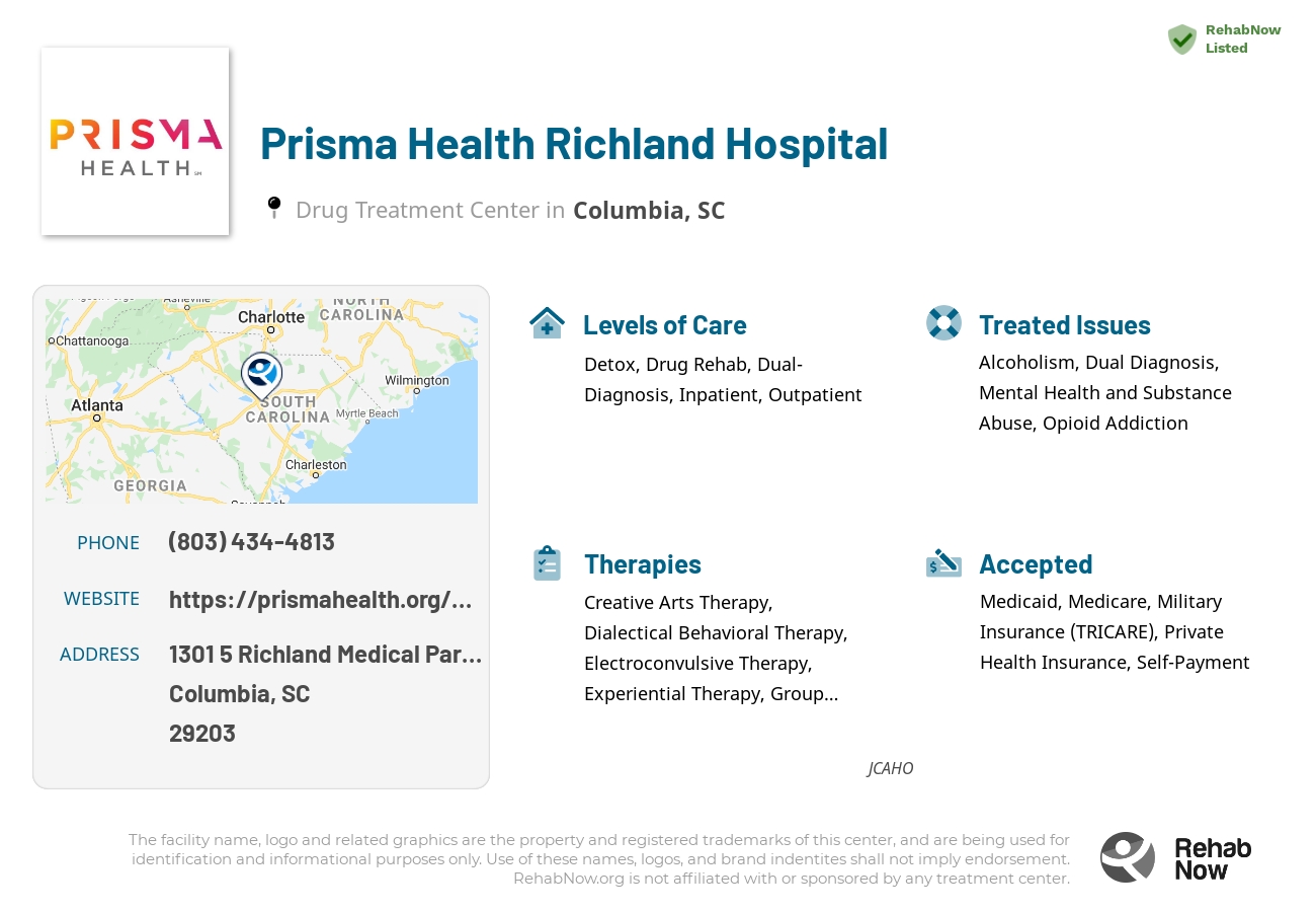 Helpful reference information for Prisma Health Richland Hospital, a drug treatment center in South Carolina located at: 1301 5 Richland Medical Park Dr, Columbia, SC 29203, including phone numbers, official website, and more. Listed briefly is an overview of Levels of Care, Therapies Offered, Issues Treated, and accepted forms of Payment Methods.