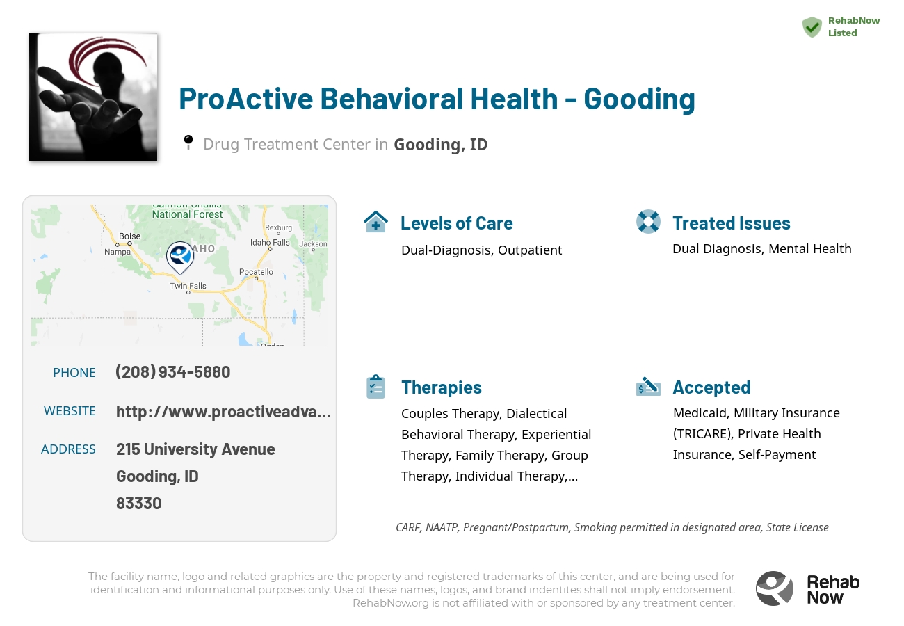 Helpful reference information for ProActive Behavioral Health - Gooding, a drug treatment center in Idaho located at: 215 215 University Avenue, Gooding, ID 83330, including phone numbers, official website, and more. Listed briefly is an overview of Levels of Care, Therapies Offered, Issues Treated, and accepted forms of Payment Methods.