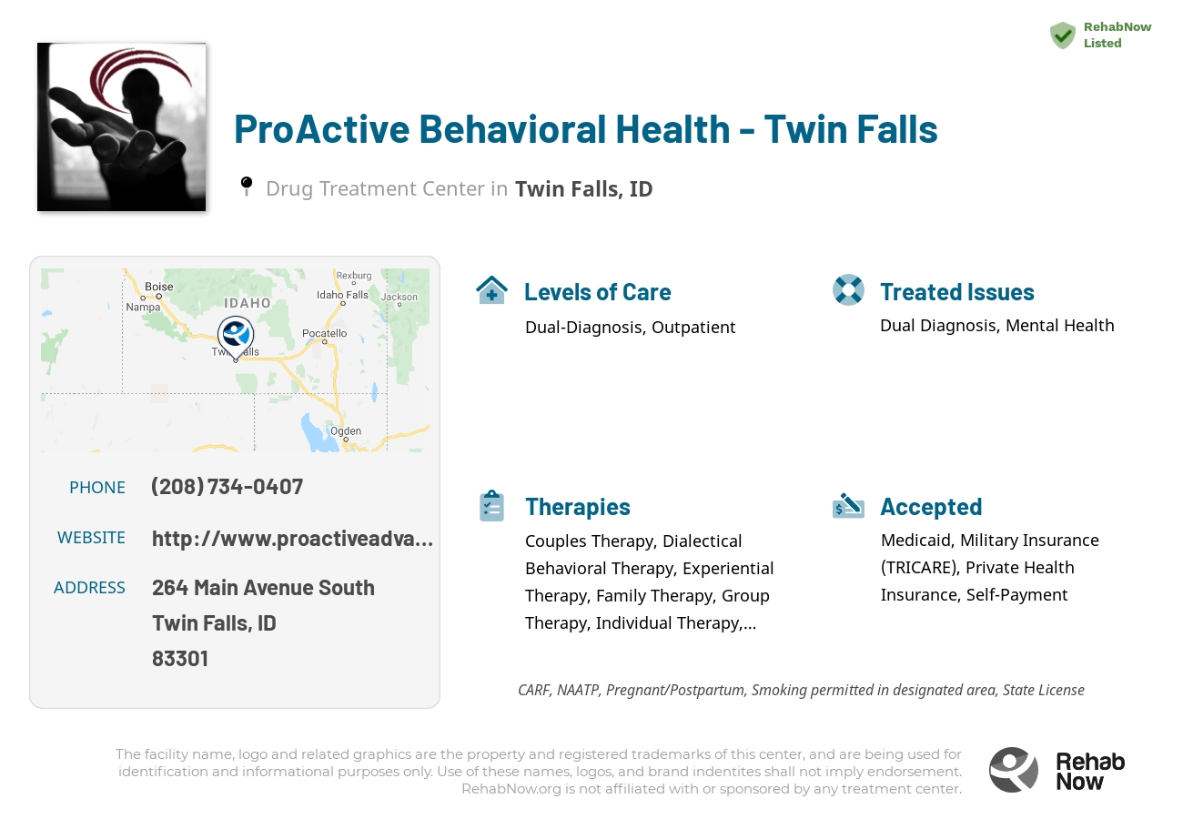 Helpful reference information for ProActive Behavioral Health - Twin Falls, a drug treatment center in Idaho located at: 264 264 Main Avenue South, Twin Falls, ID 83301, including phone numbers, official website, and more. Listed briefly is an overview of Levels of Care, Therapies Offered, Issues Treated, and accepted forms of Payment Methods.