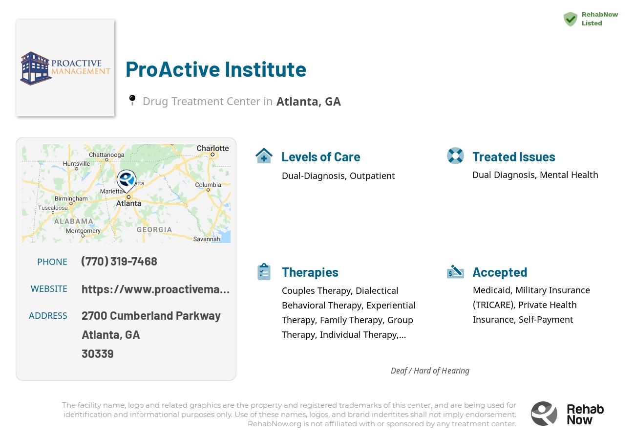 Helpful reference information for ProActive Institute, a drug treatment center in Georgia located at: 2700 2700 Cumberland Parkway, Atlanta, GA 30339, including phone numbers, official website, and more. Listed briefly is an overview of Levels of Care, Therapies Offered, Issues Treated, and accepted forms of Payment Methods.