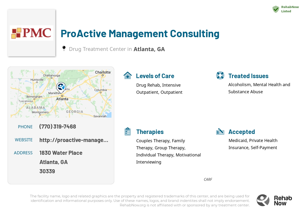 Helpful reference information for ProActive Management Consulting, a drug treatment center in Georgia located at: 1830 1830 Water Place, Atlanta, GA 30339, including phone numbers, official website, and more. Listed briefly is an overview of Levels of Care, Therapies Offered, Issues Treated, and accepted forms of Payment Methods.