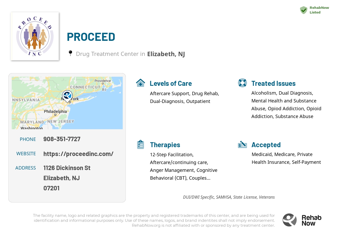 Helpful reference information for PROCEED, a drug treatment center in New Jersey located at: 1126 Dickinson St, Elizabeth, NJ 07201, including phone numbers, official website, and more. Listed briefly is an overview of Levels of Care, Therapies Offered, Issues Treated, and accepted forms of Payment Methods.