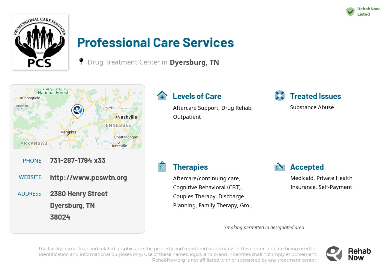 Helpful reference information for Professional Care Services, a drug treatment center in Tennessee located at: 2380 Henry Street, Dyersburg, TN 38024, including phone numbers, official website, and more. Listed briefly is an overview of Levels of Care, Therapies Offered, Issues Treated, and accepted forms of Payment Methods.