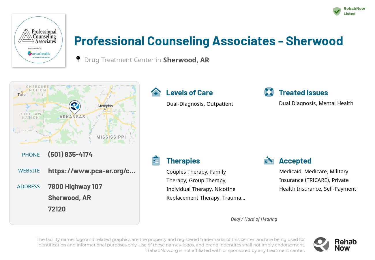 Helpful reference information for Professional Counseling Associates - Sherwood, a drug treatment center in Arkansas located at: 7800 Highway 107, Sherwood, AR, 72120, including phone numbers, official website, and more. Listed briefly is an overview of Levels of Care, Therapies Offered, Issues Treated, and accepted forms of Payment Methods.