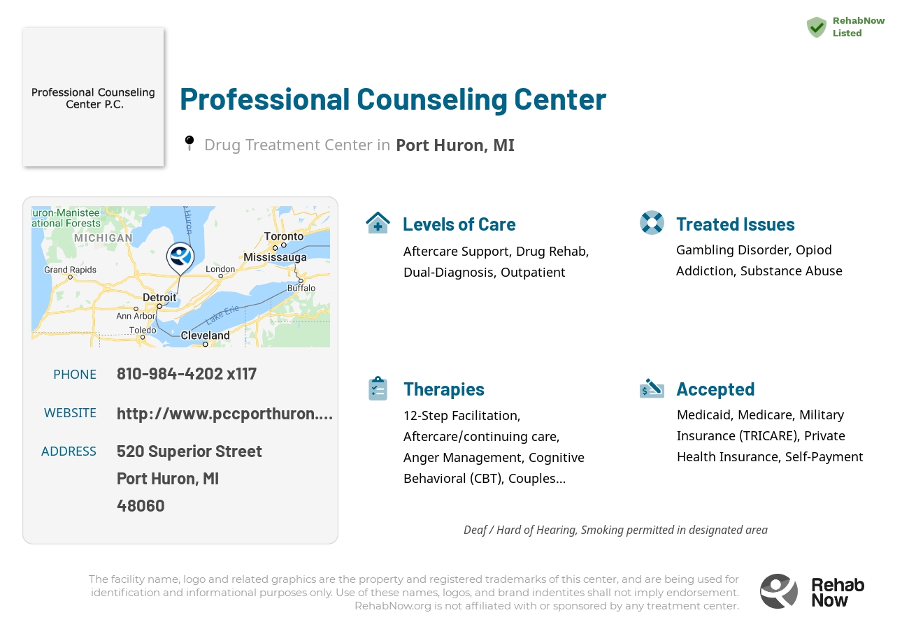 Helpful reference information for Professional Counseling Center, a drug treatment center in Michigan located at: 520 Superior Street, Port Huron, MI 48060, including phone numbers, official website, and more. Listed briefly is an overview of Levels of Care, Therapies Offered, Issues Treated, and accepted forms of Payment Methods.