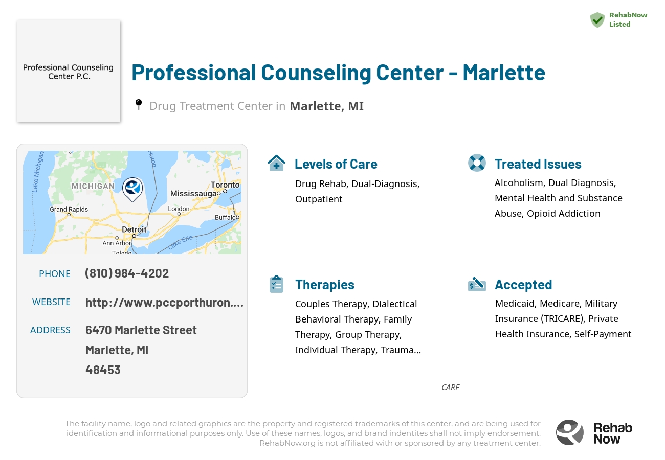 Helpful reference information for Professional Counseling Center - Marlette, a drug treatment center in Michigan located at: 6470 Marlette Street, Marlette, MI, 48453, including phone numbers, official website, and more. Listed briefly is an overview of Levels of Care, Therapies Offered, Issues Treated, and accepted forms of Payment Methods.
