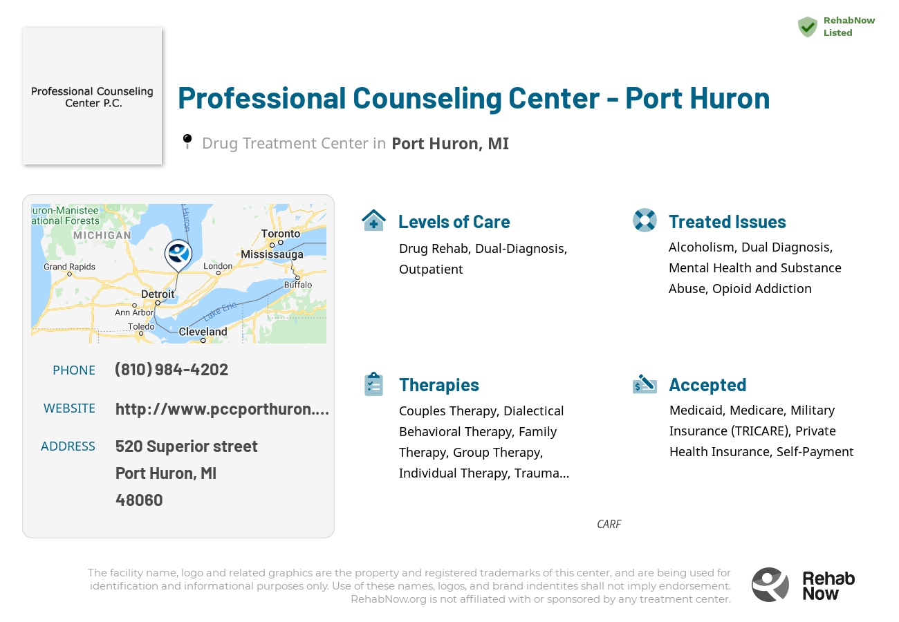 Helpful reference information for Professional Counseling Center - Port Huron, a drug treatment center in Michigan located at: 520 Superior street, Port Huron, MI, 48060, including phone numbers, official website, and more. Listed briefly is an overview of Levels of Care, Therapies Offered, Issues Treated, and accepted forms of Payment Methods.