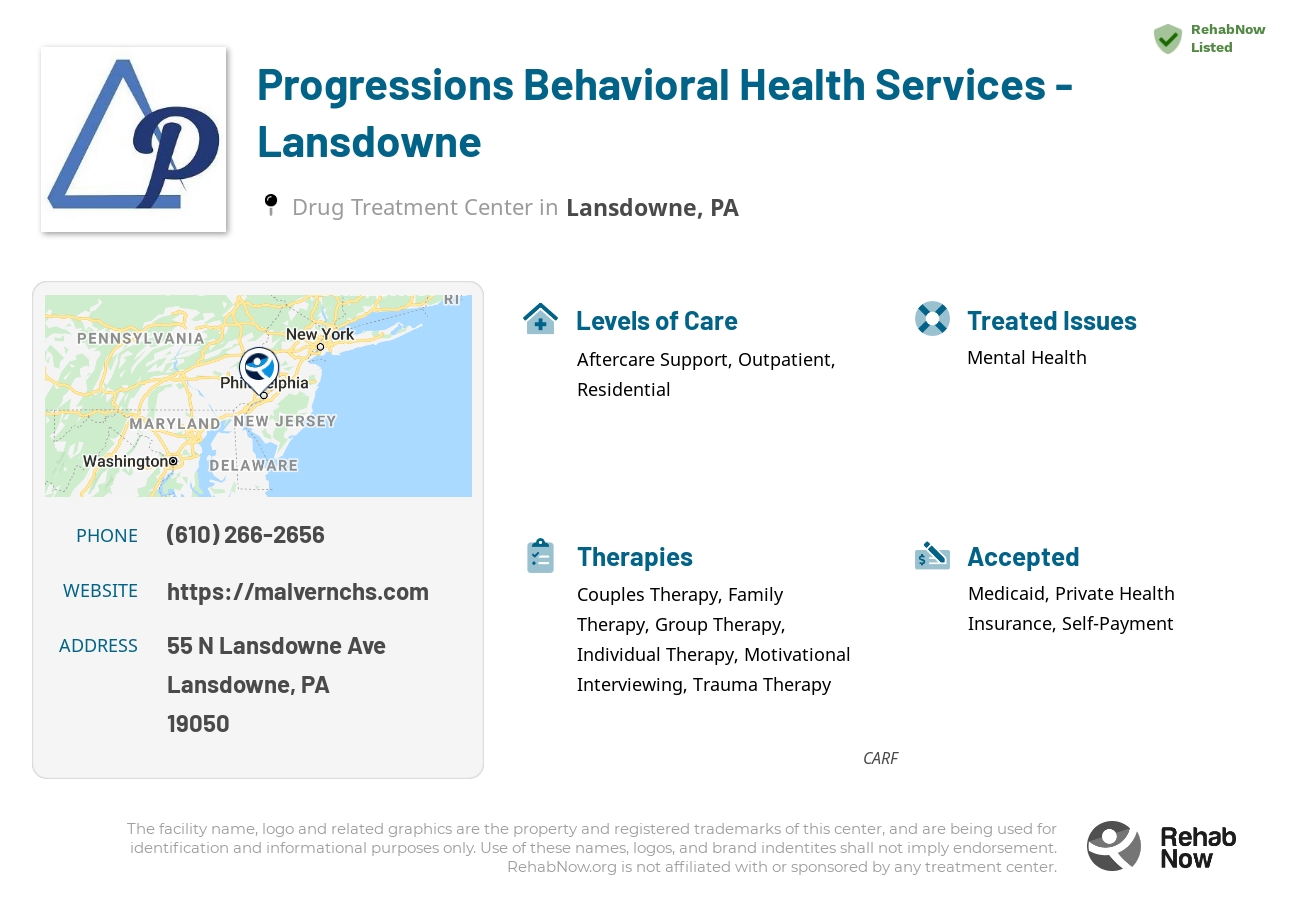 Helpful reference information for Progressions Behavioral Health Services - Lansdowne, a drug treatment center in Pennsylvania located at: 55 N Lansdowne Ave, Lansdowne, PA 19050, including phone numbers, official website, and more. Listed briefly is an overview of Levels of Care, Therapies Offered, Issues Treated, and accepted forms of Payment Methods.