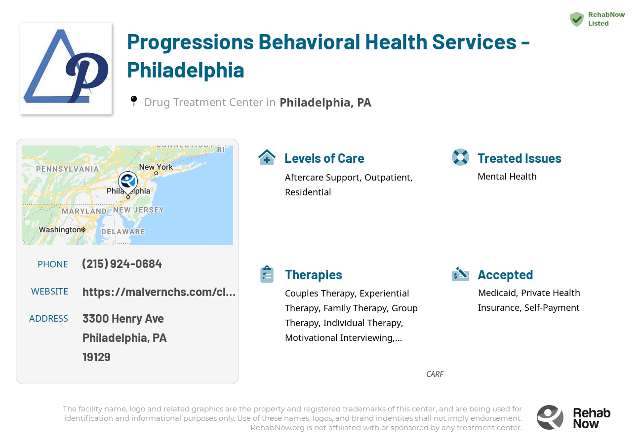 Helpful reference information for Progressions Behavioral Health Services - Philadelphia, a drug treatment center in Pennsylvania located at: 3300 Henry Ave, Philadelphia, PA 19129, including phone numbers, official website, and more. Listed briefly is an overview of Levels of Care, Therapies Offered, Issues Treated, and accepted forms of Payment Methods.