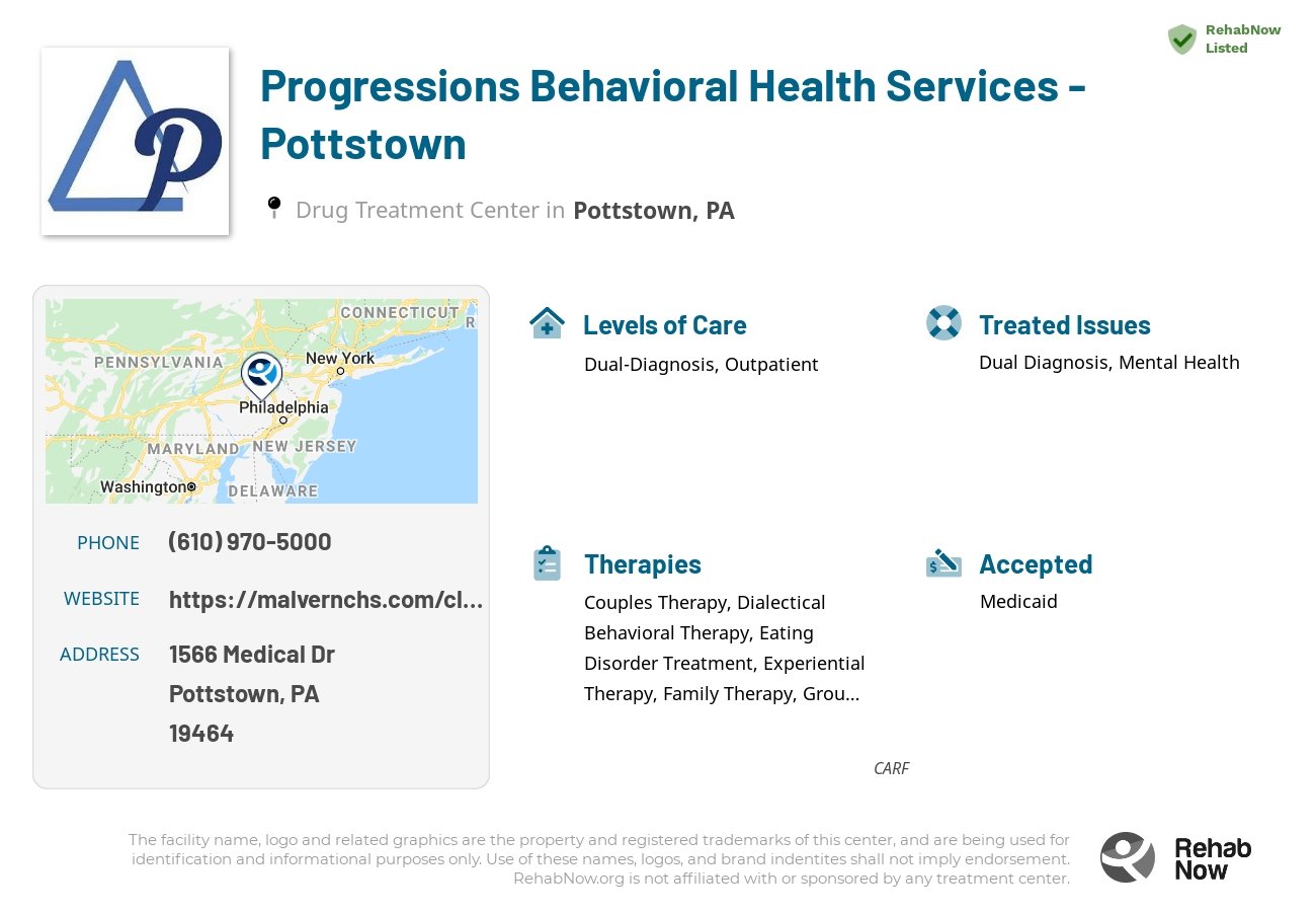 Helpful reference information for Progressions Behavioral Health Services - Pottstown, a drug treatment center in Pennsylvania located at: 1566 Medical Dr, Pottstown, PA 19464, including phone numbers, official website, and more. Listed briefly is an overview of Levels of Care, Therapies Offered, Issues Treated, and accepted forms of Payment Methods.