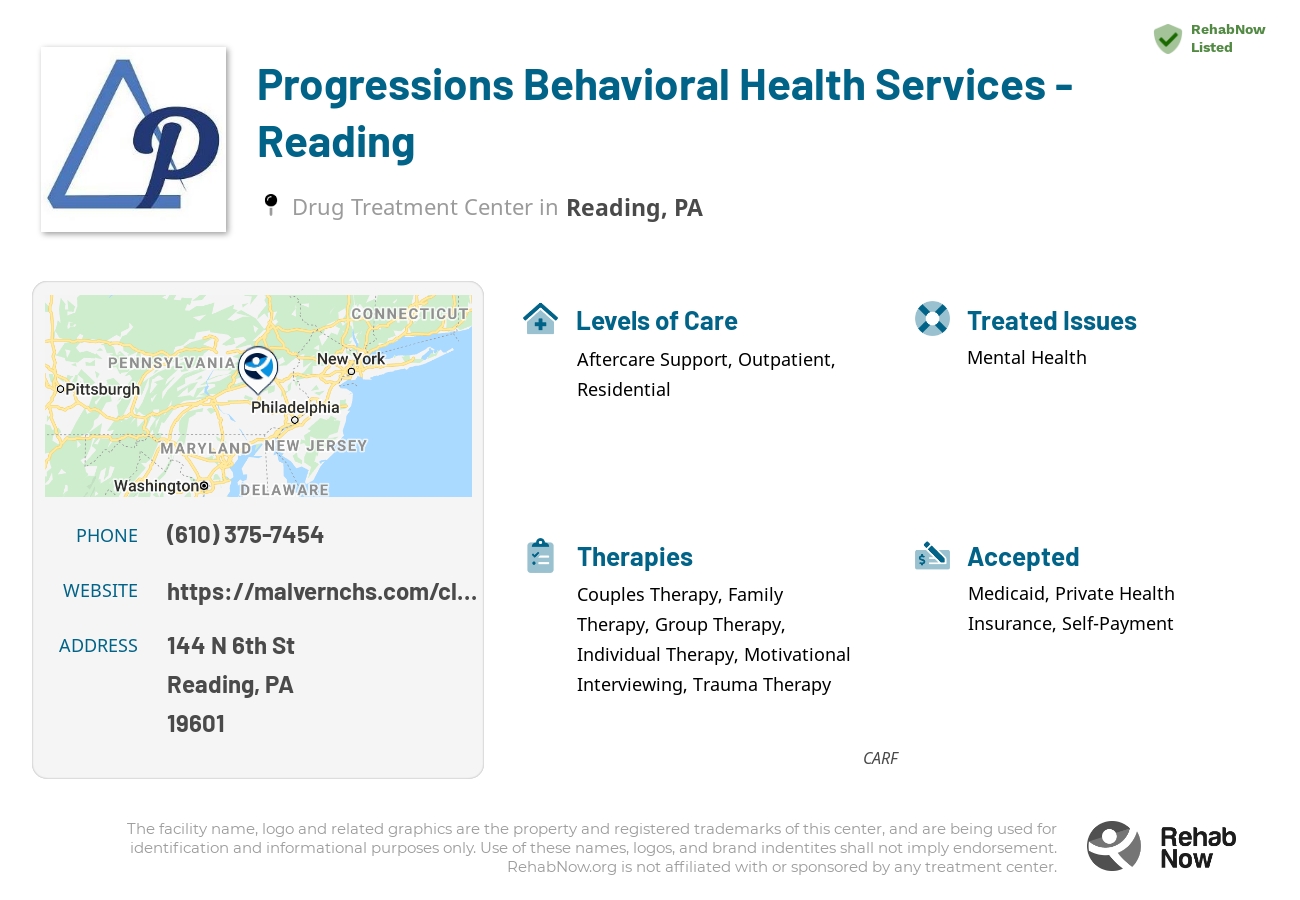 Helpful reference information for Progressions Behavioral Health Services - Reading, a drug treatment center in Pennsylvania located at: 144 N 6th St, Reading, PA 19601, including phone numbers, official website, and more. Listed briefly is an overview of Levels of Care, Therapies Offered, Issues Treated, and accepted forms of Payment Methods.