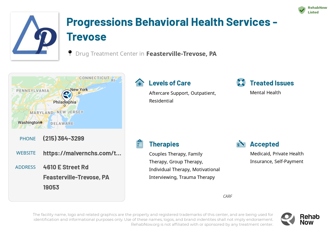 Helpful reference information for Progressions Behavioral Health Services - Trevose, a drug treatment center in Pennsylvania located at: 4610 E Street Rd, Feasterville-Trevose, PA 19053, including phone numbers, official website, and more. Listed briefly is an overview of Levels of Care, Therapies Offered, Issues Treated, and accepted forms of Payment Methods.