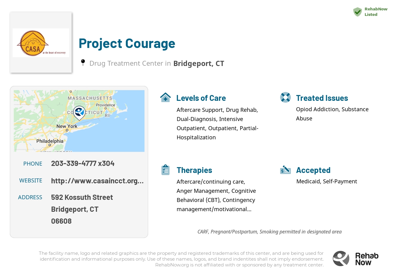 Helpful reference information for Project Courage, a drug treatment center in Connecticut located at: 592 Kossuth Street, Bridgeport, CT 06608, including phone numbers, official website, and more. Listed briefly is an overview of Levels of Care, Therapies Offered, Issues Treated, and accepted forms of Payment Methods.