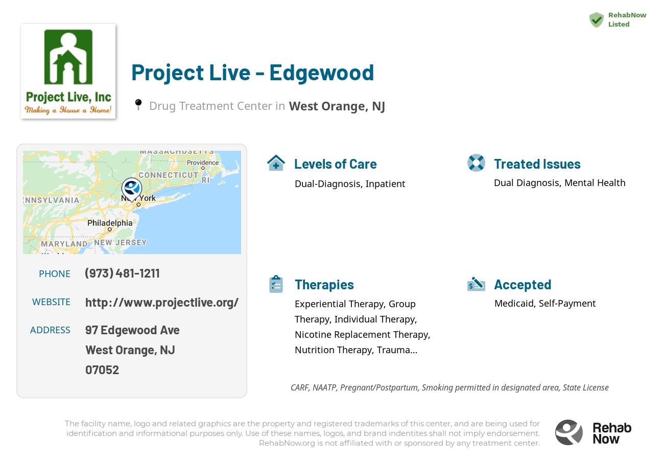 Helpful reference information for Project Live - Edgewood, a drug treatment center in New Jersey located at: 97 Edgewood Ave, West Orange, NJ 07052, including phone numbers, official website, and more. Listed briefly is an overview of Levels of Care, Therapies Offered, Issues Treated, and accepted forms of Payment Methods.