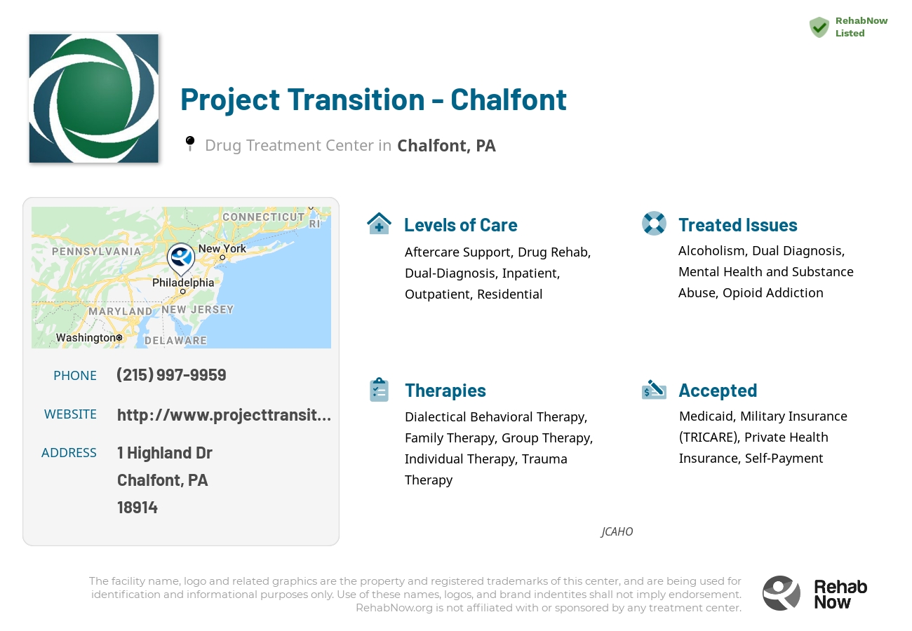Helpful reference information for Project Transition - Chalfont, a drug treatment center in Pennsylvania located at: 1 Highland Dr, Chalfont, PA 18914, including phone numbers, official website, and more. Listed briefly is an overview of Levels of Care, Therapies Offered, Issues Treated, and accepted forms of Payment Methods.