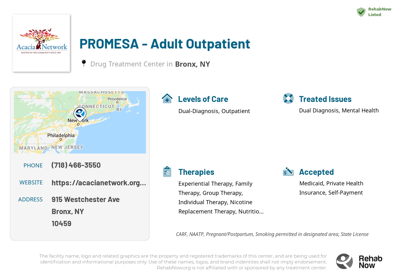 Helpful reference information for PROMESA - Adult Outpatient, a drug treatment center in New York located at: 915 Westchester Ave, Bronx, NY 10459, including phone numbers, official website, and more. Listed briefly is an overview of Levels of Care, Therapies Offered, Issues Treated, and accepted forms of Payment Methods.