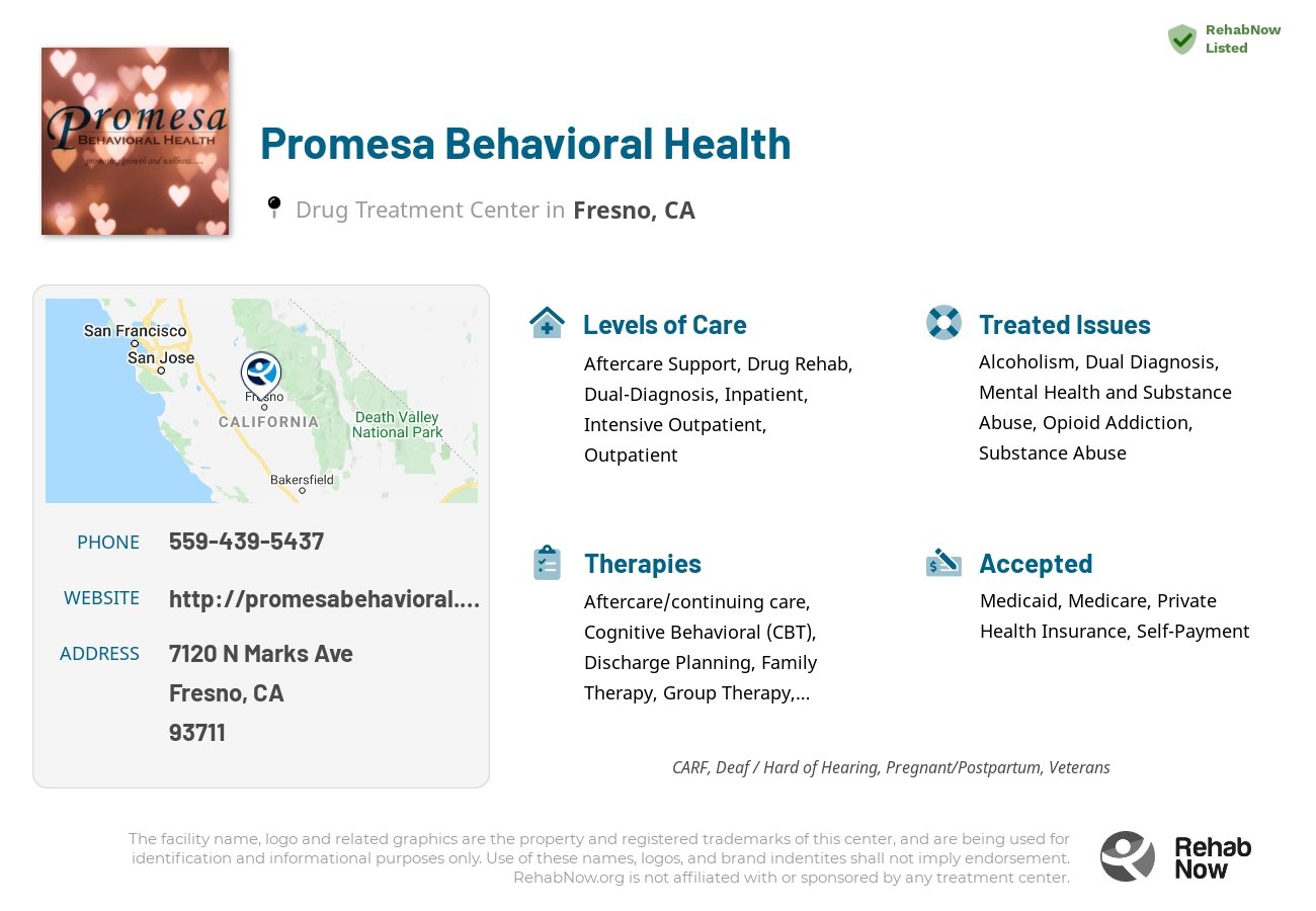 Helpful reference information for Promesa Behavioral Health, a drug treatment center in California located at: 7120 N Marks Ave, Fresno, CA 93711, including phone numbers, official website, and more. Listed briefly is an overview of Levels of Care, Therapies Offered, Issues Treated, and accepted forms of Payment Methods.