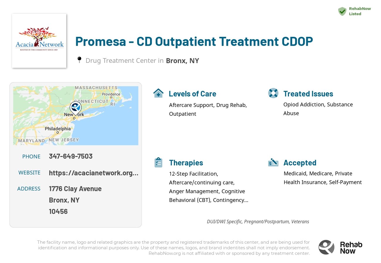 Helpful reference information for Promesa  - CD Outpatient Treatment CDOP, a drug treatment center in New York located at: 1776 Clay Avenue, Bronx, NY 10456, including phone numbers, official website, and more. Listed briefly is an overview of Levels of Care, Therapies Offered, Issues Treated, and accepted forms of Payment Methods.