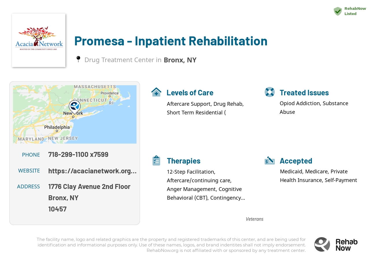 Helpful reference information for Promesa  - Inpatient Rehabilitation, a drug treatment center in New York located at: 1776 Clay Avenue 2nd Floor, Bronx, NY 10457, including phone numbers, official website, and more. Listed briefly is an overview of Levels of Care, Therapies Offered, Issues Treated, and accepted forms of Payment Methods.